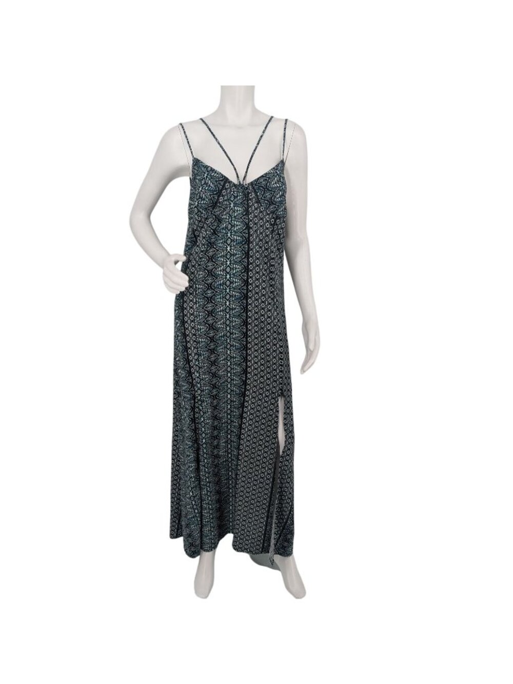 Strappy Boho Maxi Dress Geometric Print Milkmaid Y2K Side Slit Festival Large
